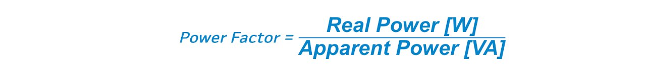 This image displays the mathematical formula for calculating power factor, showing it as the ratio of real power in watts to apparent power in volt-amperes.
