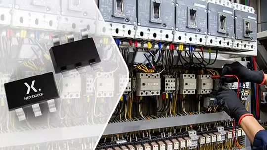 A close-up of an electrical component labeled 'NEXXXXX' alongside a technician working on a complex wiring panel.