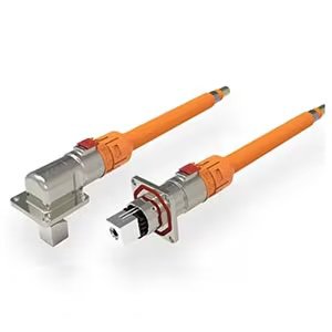 Two high-voltage electrical connectors featuring bright orange cables and robust metal housings. One connector is capped, while the other is open, revealing the internal pin structure.