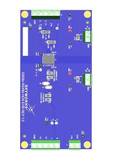 A blue Skyworks evaluation board is shown with various electronic components and connectors. The layout includes integrated circuits, capacitors, and terminal blocks, all mounted on the surface.