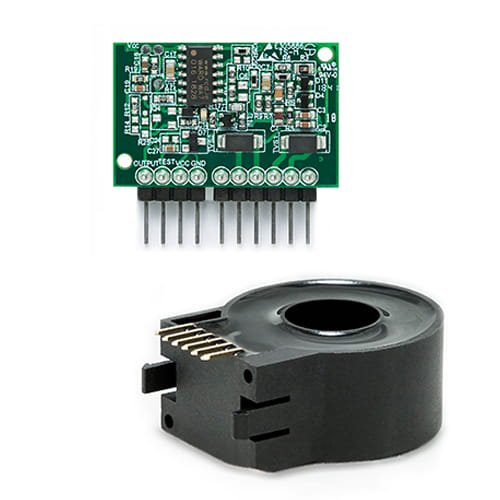 The image shows an electronic current sensor module alongside a detailed circuit board. The circuit board features multiple components and visible pin connectors, while the sensor module has a circular opening and several gold pins.
