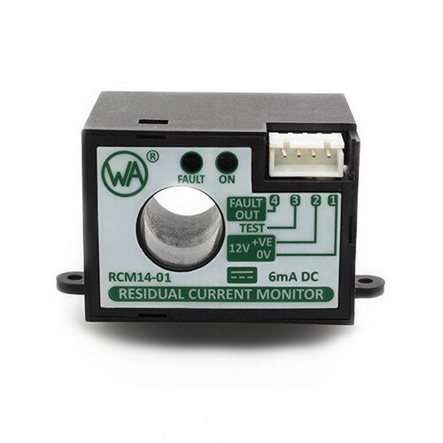 A compact residual current monitor, model RCM14-01, is shown in a studio setting. The device features labeled indicator lights for fault and operational status, a visible connector, and clear wiring instructions.