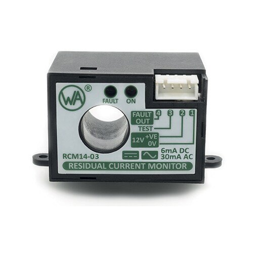 A residual current monitor, model RCM14-03, is shown in close-up against a plain background. The device features indicator lights labeled 'FAULT' and 'ON', a visible connector, and clear wiring instructions. Text on the unit specifies 6mA DC and 30mA AC, with power requirements of 12V +VE 0V.