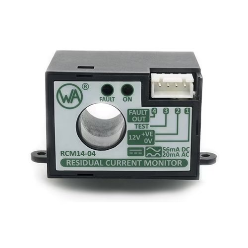 A close-up of a residual current monitor device labeled RCM14-04. The unit features indicator lights for fault and operational status, a visible connector, and clear wiring instructions.