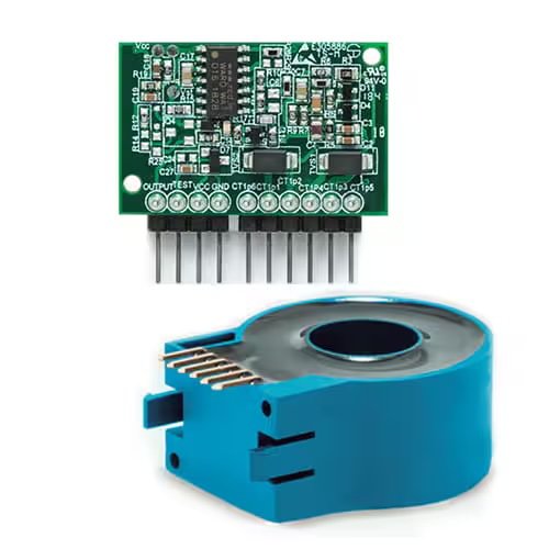 The image shows an electronic current sensor module with a visible green printed circuit board and multiple pin connectors. Below the module is a blue toroidal coil, likely used for current measurement or sensing applications.