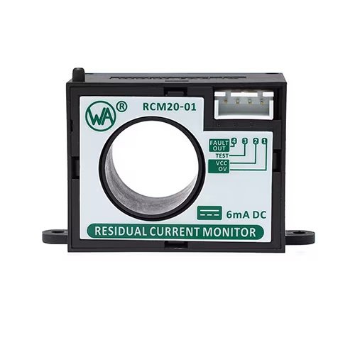This image features a WA RCM20-01 residual current monitor, designed for electrical safety applications. The device is shown in a studio setting with clear labeling and a visible connector port. Key visuals include a large central opening, labeled pinout diagram, and the specification '6mA DC' printed on the front.