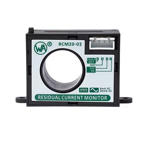 A WA RCM20-03 residual current monitor is shown in close-up, highlighting its circular sensor opening and labeled interface. The device features clear connection points for fault, test, VCC, and OV, with visible text indicating 6mA DC and 30mA AC.