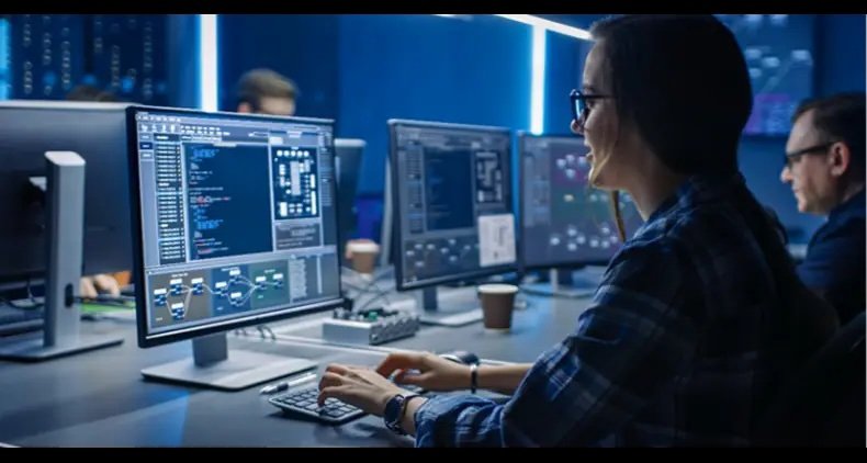 A person is seated at a modern workstation, actively coding on dual monitors in a dimly lit office environment. The screens display programming code and technical diagrams.