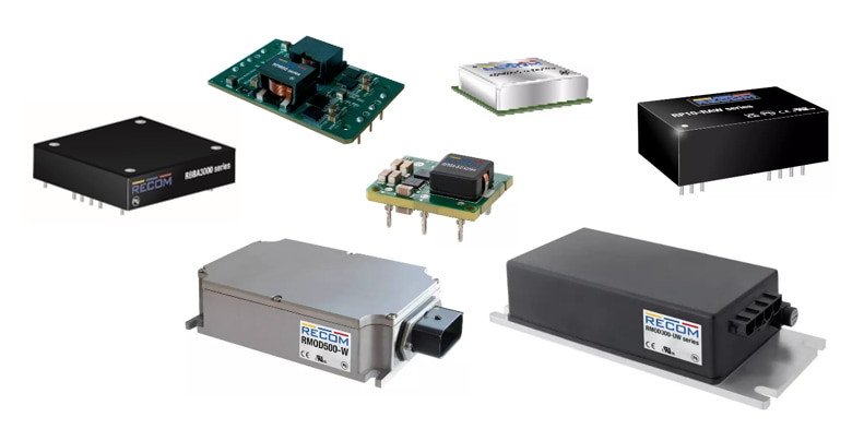 A collection of Recom power modules displayed against a white background. 