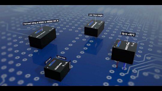 A set of compact electronic components displayed on a blue circuit board background. 