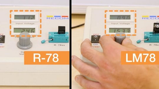 두 개의 전압 변환기, R-78과 LM78이 테스트 장치에 표시되며 입력 전압 값이 보입니다.