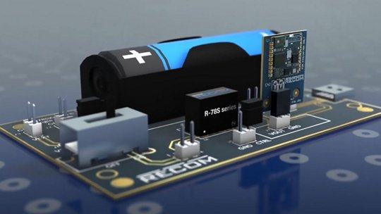 Electronic circuit board with battery and integrated components, including an R-78S series chip.