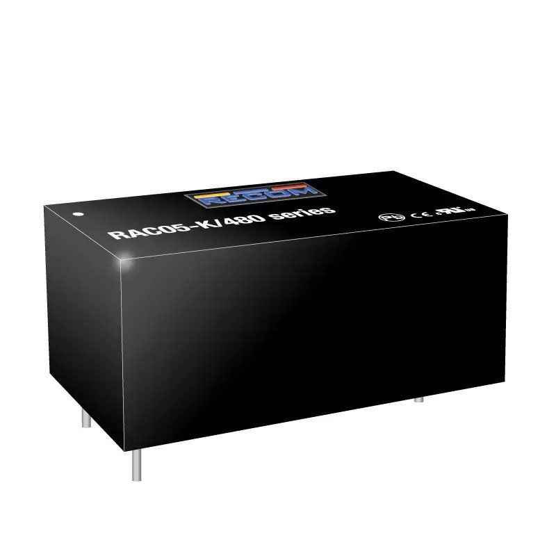 A black rectangular power module labeled 'RAC05-K/4800 series' with visible text and certification marks. 