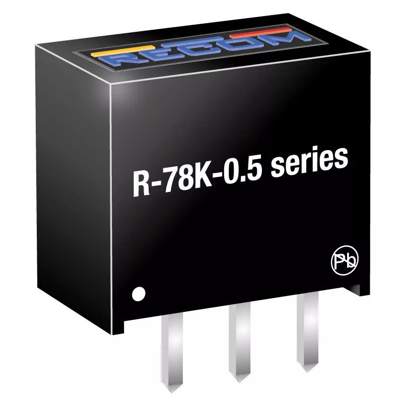 Compact black voltage regulator labeled 'R-78K-0.5 series' by RECOM. Features three metallic pins for electronic connections. 