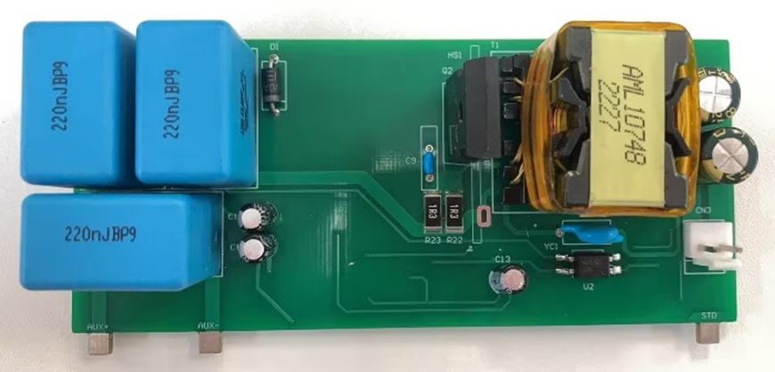 This image shows a green electronic circuit board featuring three blue capacitors labeled '220nJ BP9' and a yellow transformer marked 'AH-10748 2227'. The board includes various resistors, diodes, and other electronic components.