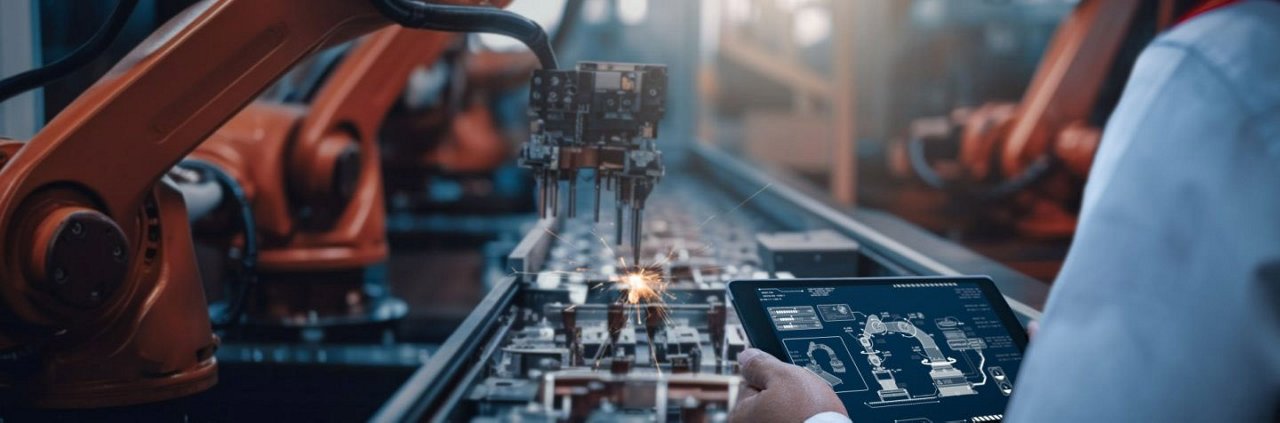 现代化工厂环境展示机器人手臂在自动化生产线上工作。