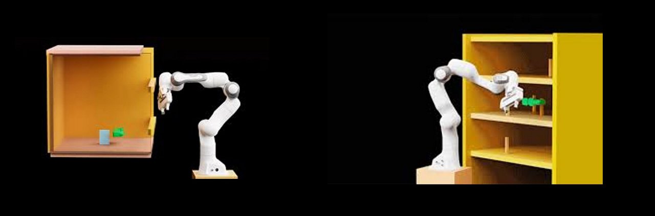 一个白色机器人手臂正在两个不同的场景中与物体互动：一个小箱子和一个黄色的搁架单元。