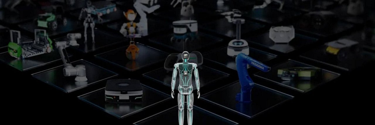 一个时尚的类人机器人站在一个由各种科技设备和机器人组成的未来展台中央。