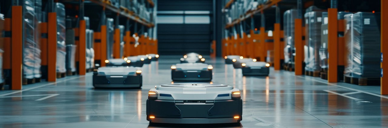 一队自主机器人在宽敞且高科技的仓库环境中穿梭。