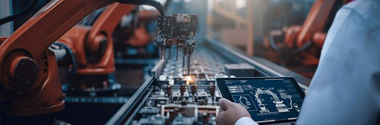 一个高科技制造环境，机器人手臂在传送带上组装组件。