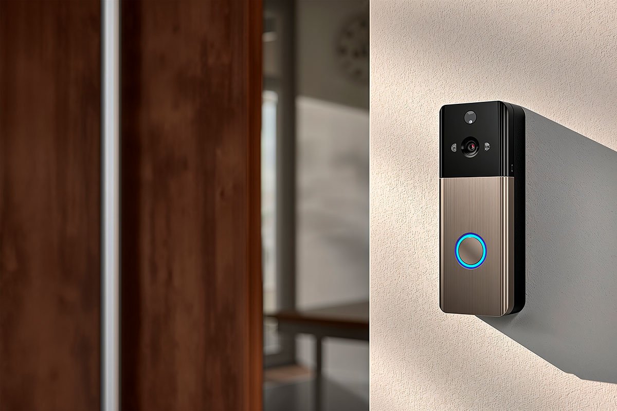 A sleek video doorbell is mounted on a light-colored exterior wall. 
