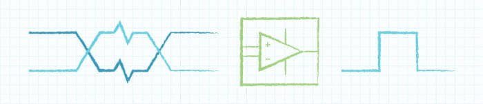 A set of hand-drawn circuit symbols displayed on a grid-lined graph paper background