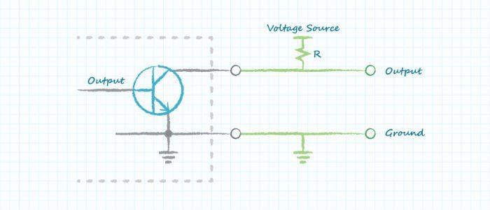 A simplified circuit diagram featuring a transistor connected to a voltage source and resistor