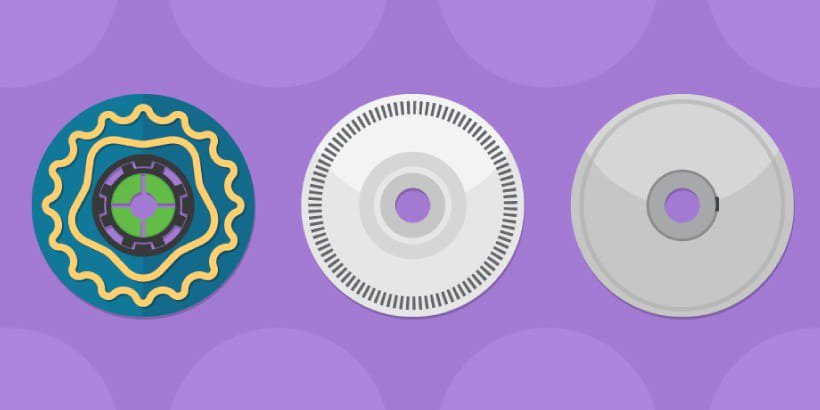 一个图形，展示在紫色背景上并排排列的三个独特的圆形设计