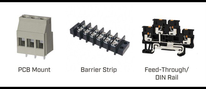 Three types of electrical connectors are displayed: PCB mount, barrier strip, and feed-through DIN rail