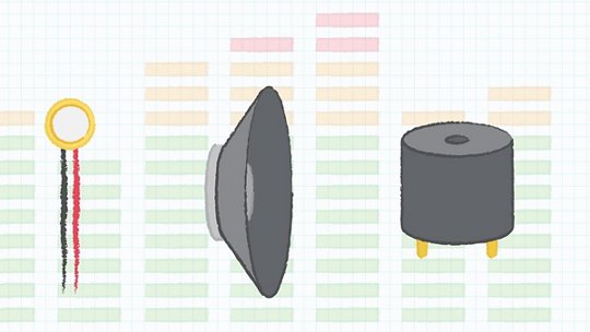 Illustration of three audio components displayed against a graph-like background