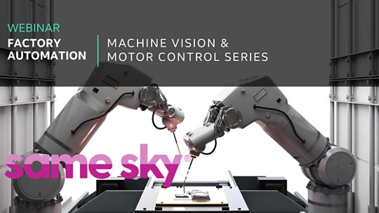 Digital banner promoting a webinar on factory automation, machine vision, and motor control. 