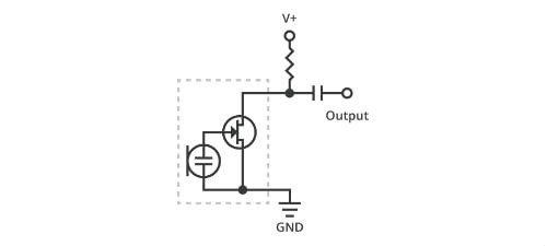 A schematic diagram showcasing an electronic circuit with labeled components including V+, GND, and Output. The design features transistors and resistors connected in a clear configuration. The image emphasizes technical precision and is ideal for educational or engineering purposes.