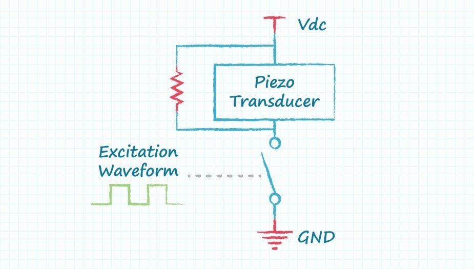 A schematic of a piezo transducer circuit featuring labeled components