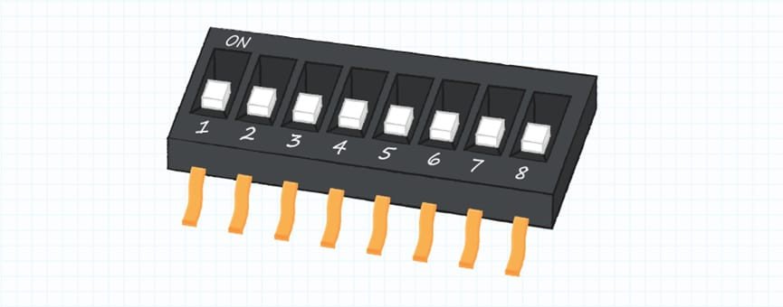 An 8-position DIP switch with labeled numbers from 1 to 8 is displayed on a grid-patterned background. 