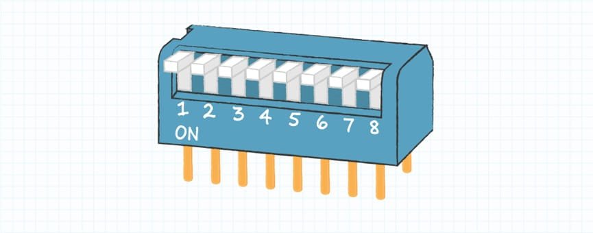 A close-up illustration of a blue DIP switch featuring eight numbered toggles labeled 1 to 8. 