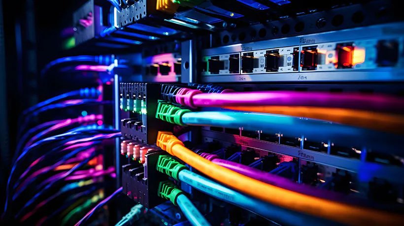 A close-up view of a server rack featuring vibrant, multicolored network cables connected to various ports. The illuminated LEDs on the hardware create a futuristic and dynamic visual. The image highlights the complexity and organization of modern data centers.