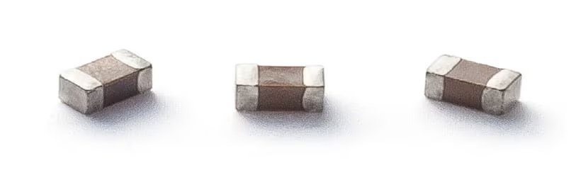 A detailed view of three small rectangular electronic components, Samsung X7S MLCCs, arranged in a row. The components feature metallic ends and a central brown section.