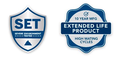 Image shows two blue and silver certification-style badges emphasizing product durability. 
