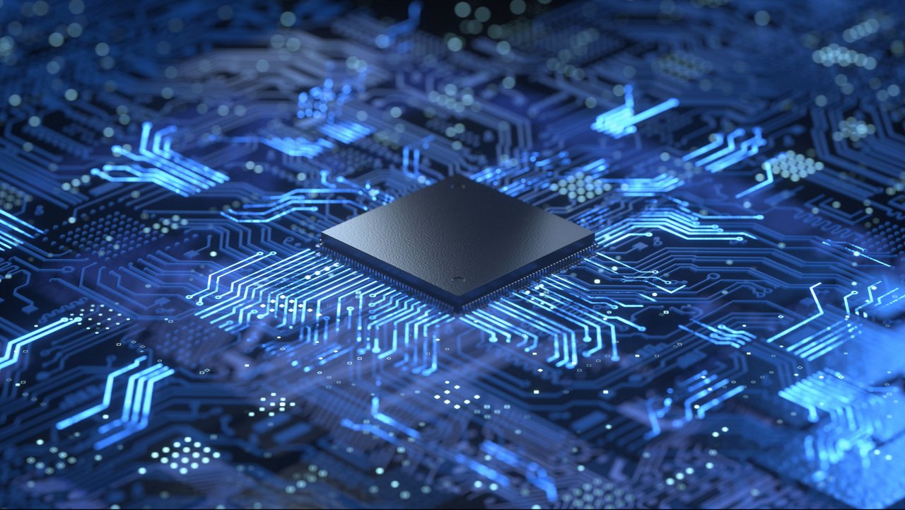 Close-up view of a microchip on a blue circuit board, with glowing lines representing electronic pathways and connections.