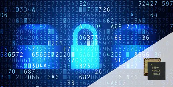 Digital security concept showing a glowing padlock icon over a background of blue alphanumeric code, symbolizing encryption and cybersecurity, with a small integrated circuit chip displayed in the bottom-right corner.