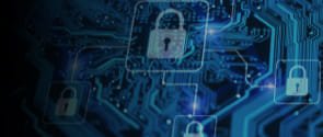 Digital illustration showing multiple padlock icons embedded in a blue circuit‑board background with glowing traces and nodes, representing cybersecurity, encrypted networks, and secure data protection across interconnected electronic systems.