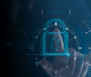Illustration showing a fingertip touching a holographic padlock icon within a circular digital interface, with arrows, grid lines, and the text “DATA PROTECTION,” representing secure access, authentication, and cybersecurity concepts.