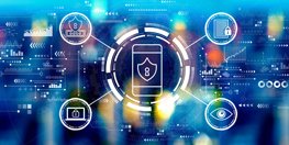 Digital illustration showing a smartphone with a shield and padlock icon at the center of a circular security interface, surrounded by connected icons for user accounts, locks, and monitoring, representing mobile security, cybersecurity, and protected digital communication.