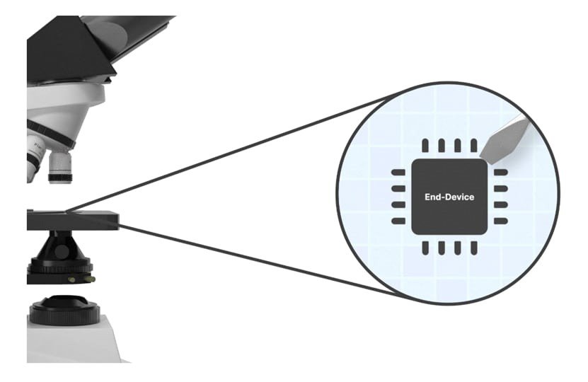 A laboratory microscope focuses on a microchip labeled 'End-Device' in a magnified view