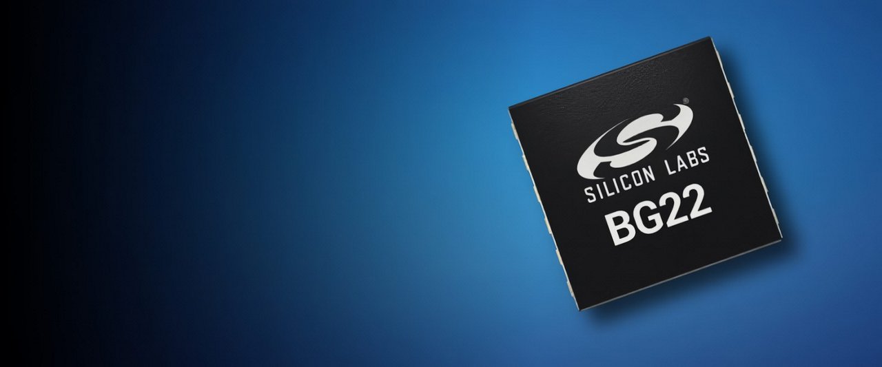 A Silicon Labs BG22 microchip is displayed against a blue gradient background.