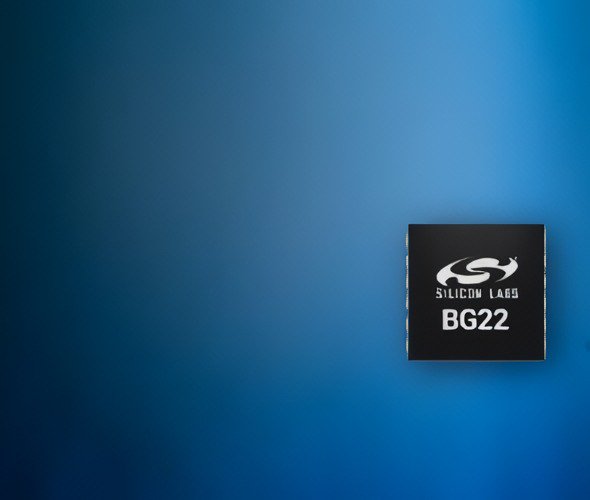 A Silicon Labs BG22 microchip is displayed against a gradient blue background