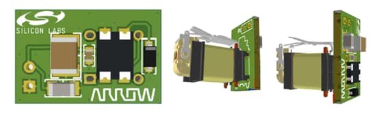 Close-up views of a Silicon Labs circuit board featuring electronic components and connectors
