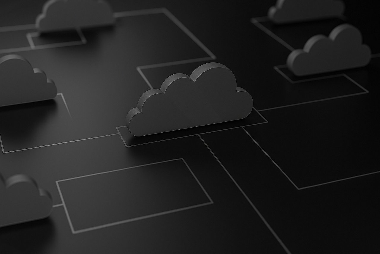 Illustration of multiple cloud icons connected by lines on a dark background, representing cloud computing or network architecture.