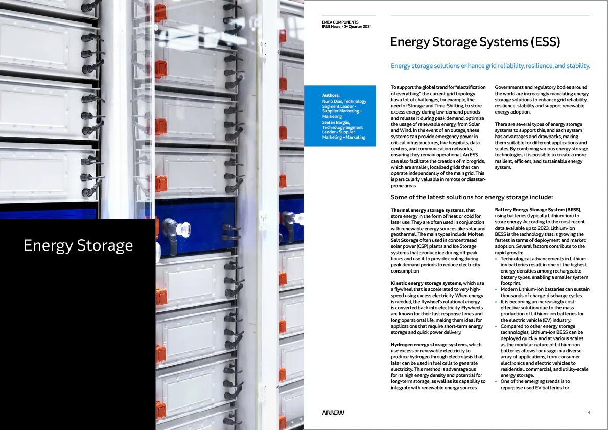 The image features a close-up view of energy storage system racks, likely containing battery modules, in a clean industrial or data center environment. The left side displays the text 'Energy Storage' over a black panel, while the right side shows a detailed document titled 'Energy Storage Systems (ESS)'.