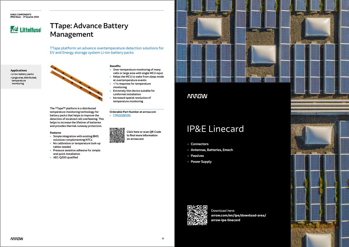 This asset features a Littelfuse TTape advanced battery management system, highlighting its application in EV and energy storage systems. The left page details product features, benefits, and a QR code, while the right page presents an Arrow IP&E Linecard with a list of electronic components. The background includes an aerial view of solar panels arranged in neat rows, emphasizing renewable energy technology.